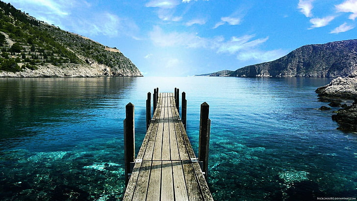 muelle de barcos de madera marrón, lago, agua, Grecia, Fondo de pantalla HD
