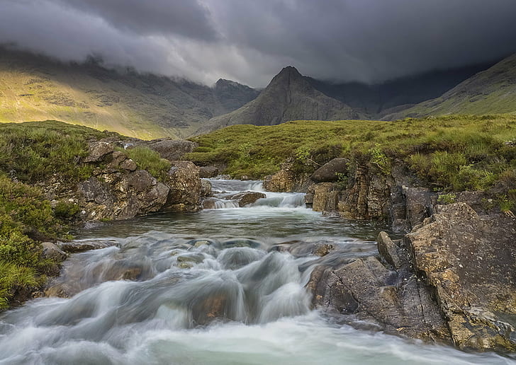 mountain and river painting, skye, skye, Summer, Fairy Pools, Isle of Skye, mountain, river, painting, Scotland, Glenbrittle, highlands, Cuillins, waterfall, stream, grass, Sgurr, Na, landscape, outdoor, hiking, nature, water, scenics, outdoors, HD wallpaper