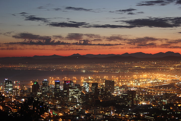 zdjęcie lotnicze miasta, Kapsztadu, świateł, wschodu słońca, matki miasta, wieżowca, promieni słonecznych, chmur, pejzażu miejskiego, Tapety HD