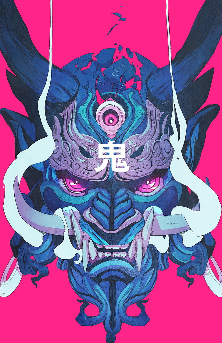 blue and gray oni mask digital wallpaper, mask, demon, samurai, Chun Lo, HD wallpaper
