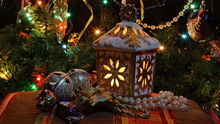 lanterne, lumière, éclairage, Noël, décoration, perle, arbre de Noël, guirlandes, lumières, jour de Noël, décoration de Noël, Fond d'écran HD