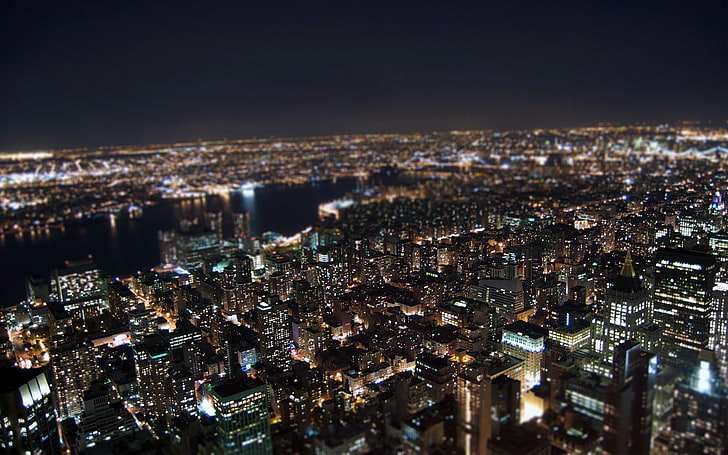 city lights, cityscape, building, blurred, city, tilt shift, night, city lights, New York City, HD wallpaper