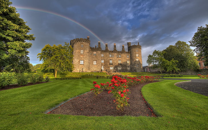 castle, rainbows, lawns, red flowers, building, garden, park, trees, HD wallpaper