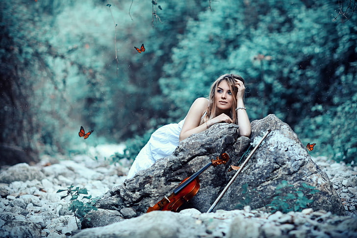girl, violin, bow, Butterflies, Alessandro Di Cicco, HD wallpaper