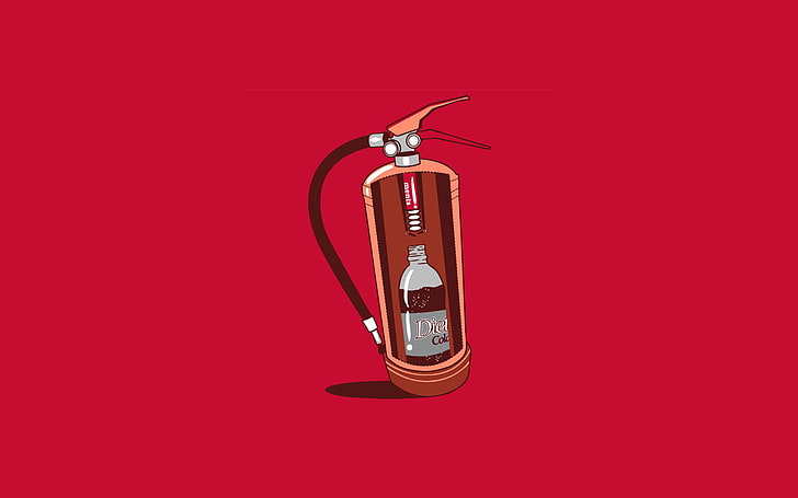 orange fire extinguisher vector, red fire extinguisher illustration, threadless, simple, humor, fire extinguishers, Coca-Cola, Mentos, red, red background, simple background, HD wallpaper
