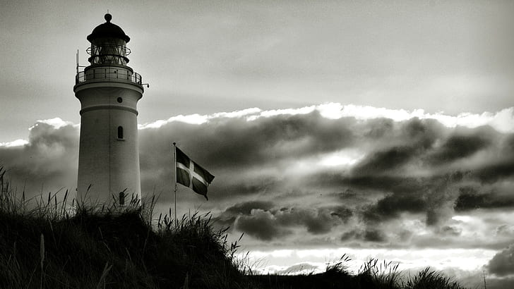 덴마크, 등 대, 깃발, 구름, 흑백, HD 배경 화면