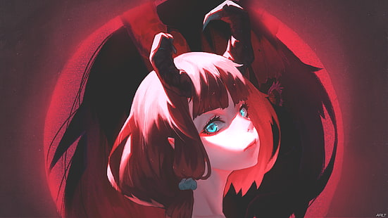 gadis anime, tanduk setan, anime, tanduk, gadis fantasi, berambut merah, Wallpaper HD HD wallpaper