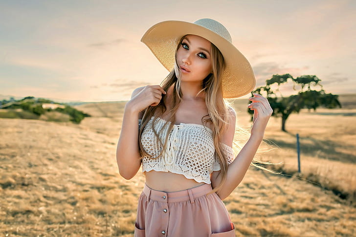 look, the sun, nature, pose, model, skirt, portrait, hat, makeup, hairstyle, blonde, topic, beauty, is, bokeh, in the field, Sonny Bui, HD wallpaper