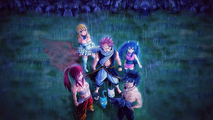 Fairytail Natsu, Lucy, Gray, and Erza wallpaper, Anime, Fairy Tail, Erza Scarlet, Gray Fullbuster, Lucy Heartfilia, Manga, Natsu Dragneel, Rain, Wendy Marvell, HD wallpaper