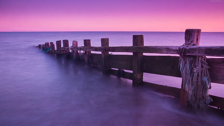 purple, England, pink, clear sky, sea, sunrise, abandoned, sunset, water, Seven Sisters Country Park, 4k, ocean, docks, HD wallpaper