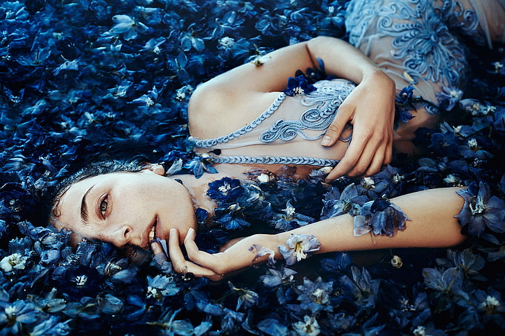 look, girl, mood, petals, flowers, Bella Kotak, A sea of blue flowers, Ella Grace Denton, HD wallpaper