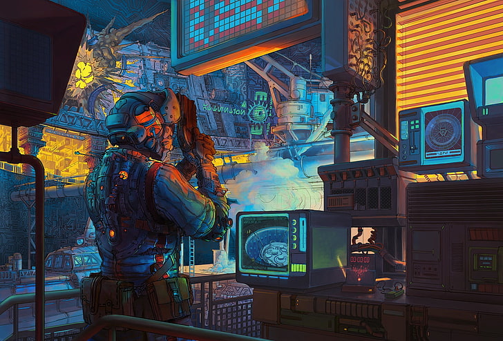 черный компьютер аниме обои, футуристический, киберпанк, произведение искусства, цифровое искусство, пистолет, Игорь Коцуба, HD обои