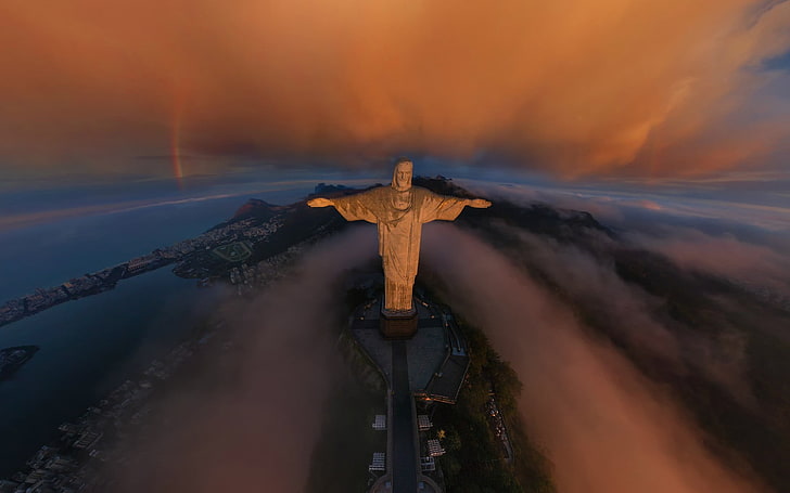 Christ rédempteur Rio de Genero, Brésil, Christ Rédempteur, Rio de Janeiro, Brésil, statue, nuages, vue aérienne, Fond d'écran HD