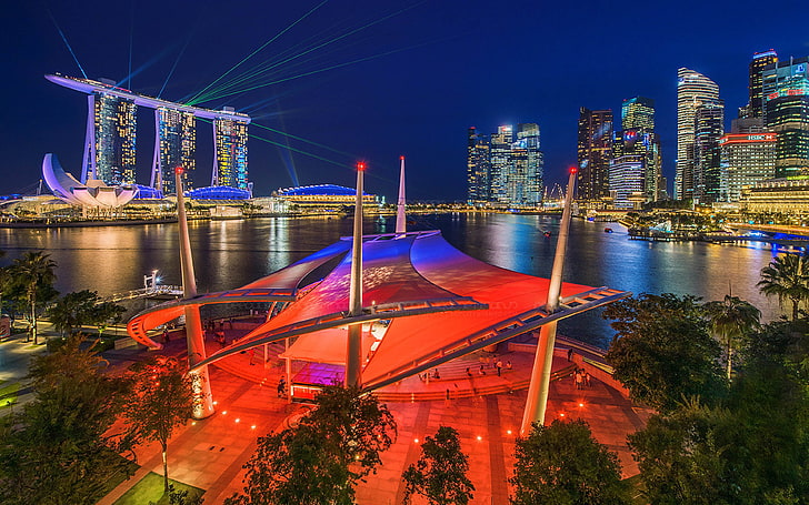 Marina Bay Sands Сингапурски мостове Небостъргачи Лазерно шоу Ultra Hd Тапети за настолни мобилни телефони и лаптоп 3840 × 2400, HD тапет