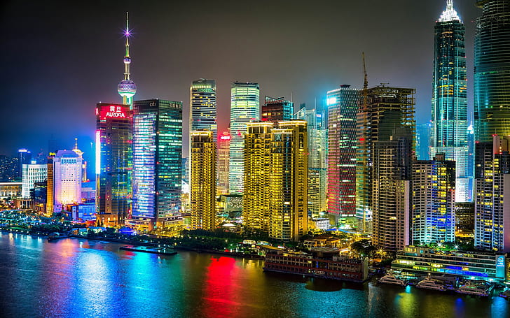 Shanghai, Cina, kota malam, bangunan, gedung pencakar langit, sungai, Shanghai, Cina, Malam, Kota, Bangunan, Pencakar Langit, Sungai, Wallpaper HD