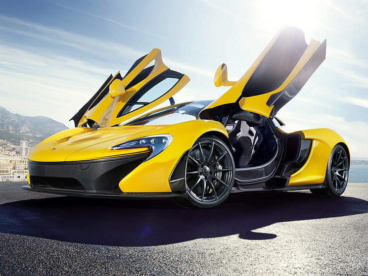 желтый McLaren P1 купе, авто, McLaren, суперкар, открытые двери, дверь 