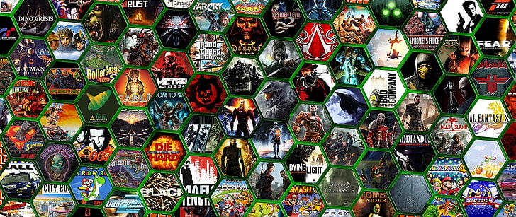 colagem de capas de jogos com títulos variados, videogames, arte de fãs, Fallout, Gears of War, Assassin's Creed, Diablo, Fable, Deus Ex, Mafia, HD papel de parede