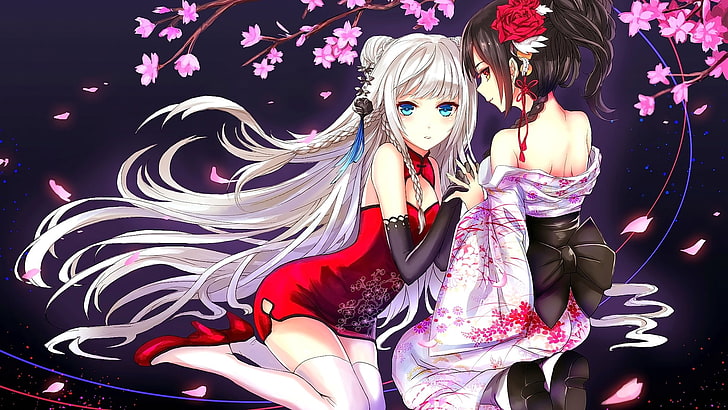 anime girls ubrane w czerwoną sukienkę i gejszę ilustracja, anime, anime girls, chińska sukienka, kimono, kwiat wiśni, oryginalne postacie, cheongsam, lesbijki, Tapety HD