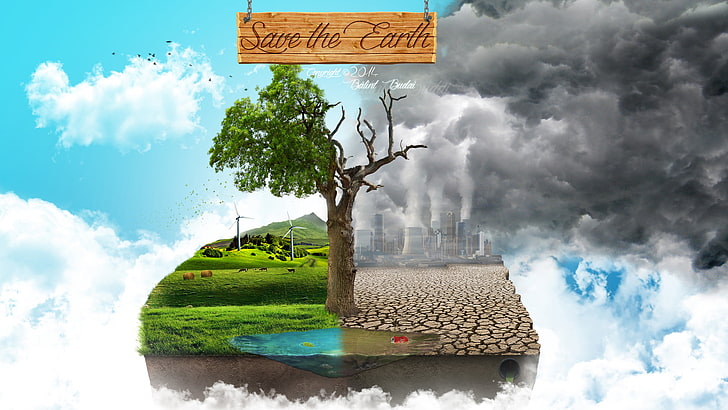 Save The Earth digital wallpaper, ambiente, poluição, arte digital, trabalho artístico, natureza, industrial, nuvens, céu, HD papel de parede
