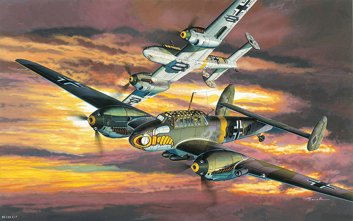 два коричнево-серых боевых самолета цифровые обои, авиация, самолёт, рисунок, вторая мировая война, истребитель-бомбардировщик, bf-110, HD обои