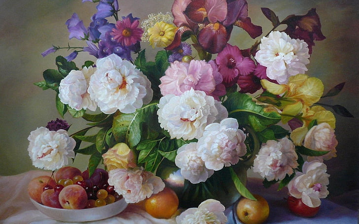 белые, фиолетовые и желтые цветы в вазописи, цветы, фрукты, живопись, натюрморт, HD обои