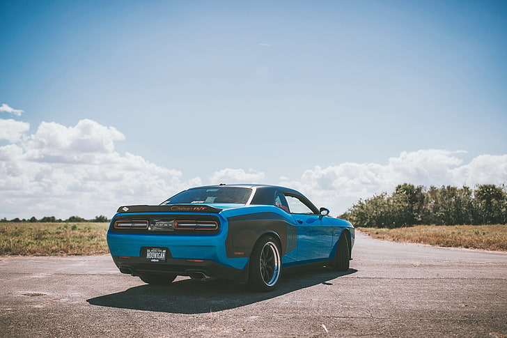 black and blue Dodge Challenger R/T coupe, auto, rear view, sport car, blue, HD wallpaper