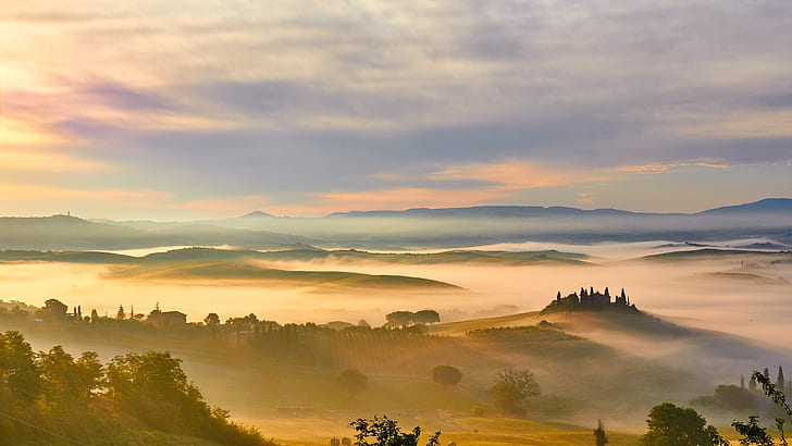 Golden morning, 4K, Rolling hills, Fog, Italy, Tuscany, HD wallpaper