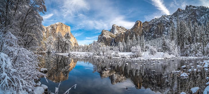 winter, snow, trees, mountains, reflection, river, CA, California, Yosemite Valley, Yosemite National Park, Sierra Nevada, Merced River, The Merced River, HD wallpaper