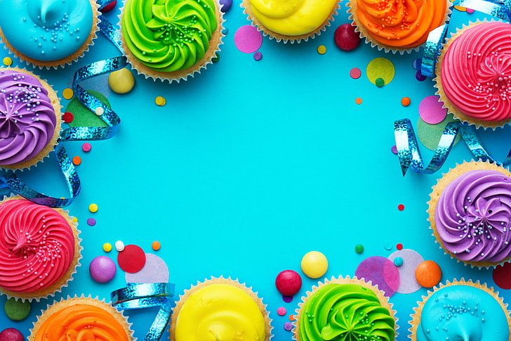 kerzen, bunt, regenbogen, kuchen, sahne, alles gute zum geburtstag, farben, cupcake, feier, cupcakes, dekoration, kerze, geburtstag, HD-Hintergrundbild