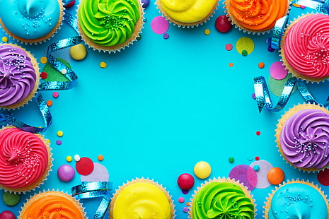 свещи, цветни, дъга, торта, сметана, честит рожден ден, цветове, кекс, празник, кексчета, декорация, свещ, рожден ден, HD тапет HD wallpaper