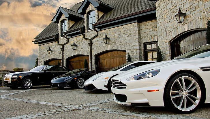 бяло, черно, сградата, Aston Martin, къща, gallardo, призрак, Lamborghini, superleggera, rolls-roys, rolls-Royce, HD тапет