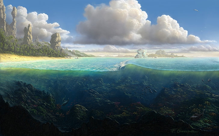 Fotografía a medias de agua y debajo del agua, obras de arte, mar, peces, nubes, formación rocosa, vista dividida, Fondo de pantalla HD