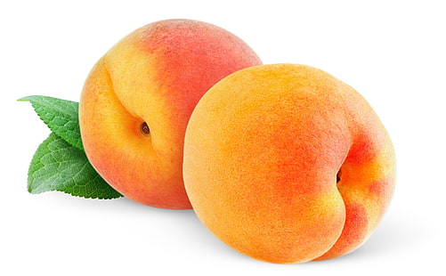two peach fruits, peaches, steam, leaves, HD wallpaper HD wallpaper