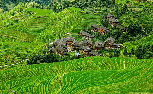 중국 풍경 마을, 바 나우에 라이스 테라스, 아시아, 중국, HD 배경 화면 HD wallpaper