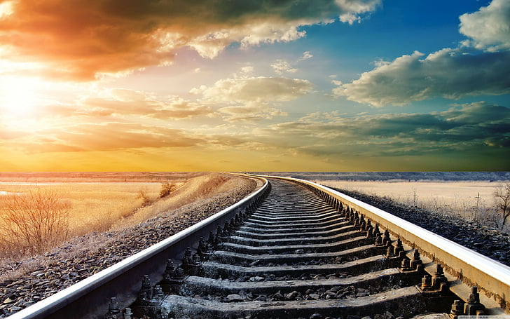 kereta api, matahari terbenam, musim dingin, Wallpaper HD