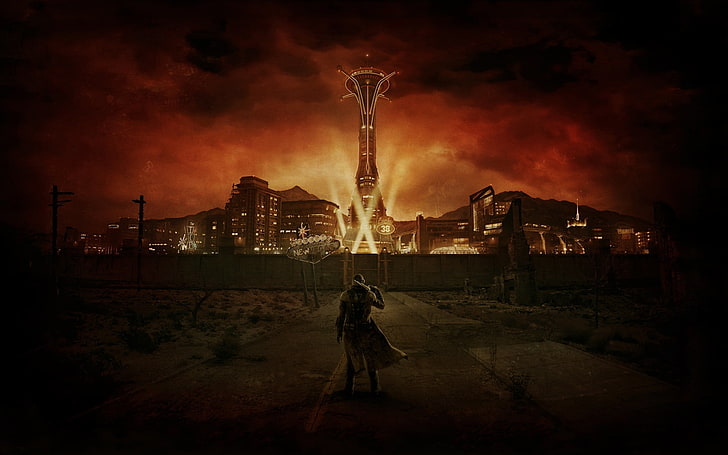 homem segurando arma papel de parede digital, videogame, Fallout: New Vegas, arte digital, terreno baldio, apocalíptico, HD papel de parede