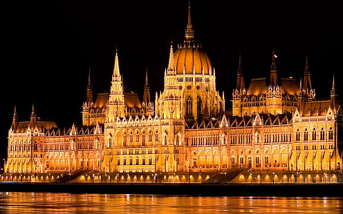 Hungary, Budapest, parliament, night, lights, water, Danube river, hungarian parliament building, Hungary, Budapest, Parliament, Night, Lights, Water, Danube, River, HD wallpaper HD wallpaper