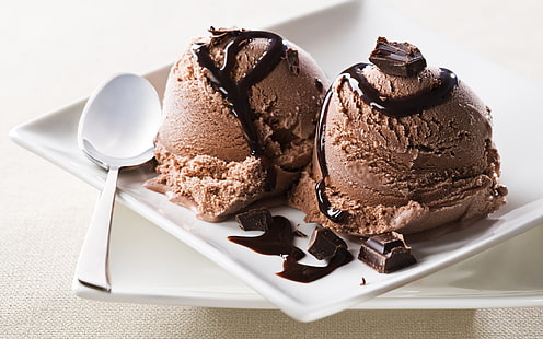 шоколадное мороженое, пирожное, шоколад, сироп, HD обои HD wallpaper