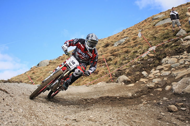 white and red motocross dirt bike, speed, downhill, mtb, Cycling, HD wallpaper