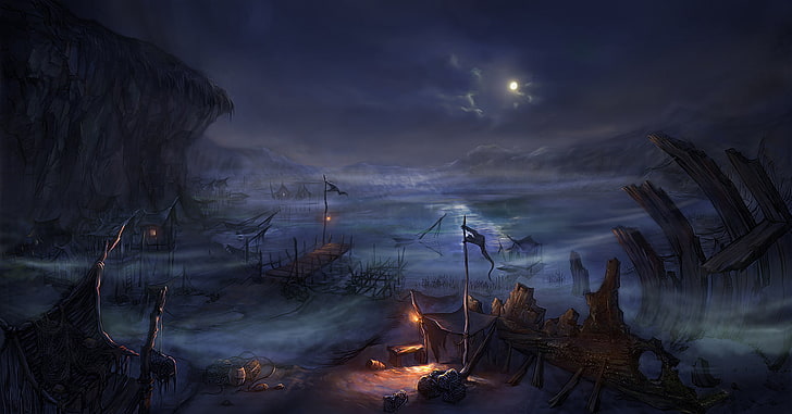 кафяви къщи с включена илюстрация на лампа, луна, дом, езеро, нощ, лодки, огънят унищожи кораба, мрежа, село, HD тапет