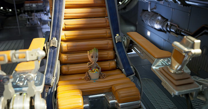 Baby Groot, Chair, Eating, Guardians Of The Galaxy, Guardians of the Galaxy Vol. 2, Looking into the distance, Milano (spacecraft), HD wallpaper