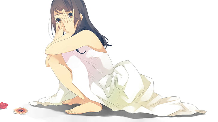 solo, gadis anime, jongkok, bertelanjang kaki, berambut cokelat, anime, Wallpaper HD