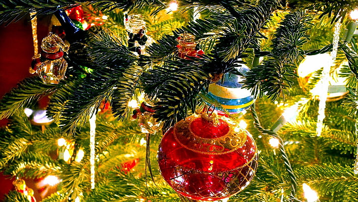 Noël, décorations, arbre de Noël, lumière de Noël, boule de Noël, célébration, Fond d'écran HD