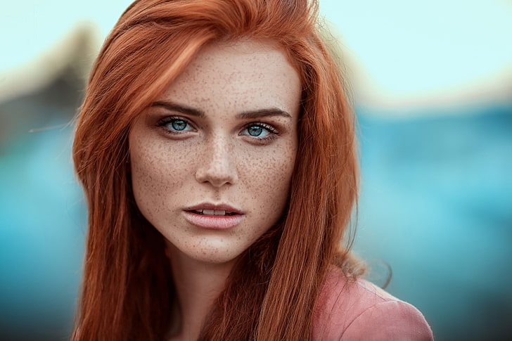 berambut merah, wanita, mata biru, bintik-bintik, Wallpaper HD