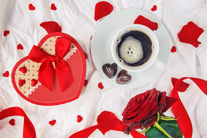 flowers, gift, roses, bouquet, hearts, red, love, romantic, chocolate, coffee cup, valentine's day, a Cup of coffee, gift box, HD wallpaper