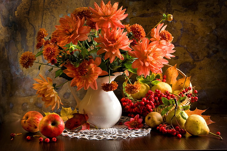 berry, fall, flower, fruit, leaf, life, peach, still, vase, HD wallpaper