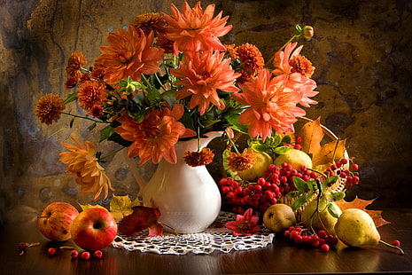 jagoda, jesień, kwiat, owoc, liść, życie, brzoskwinia, nieruchome, wazon, Tapety HD HD wallpaper