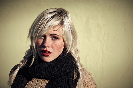 kvinnor, Devon Jade, blond, rött läppstift, fräknar, gröna ögon, HD tapet HD wallpaper