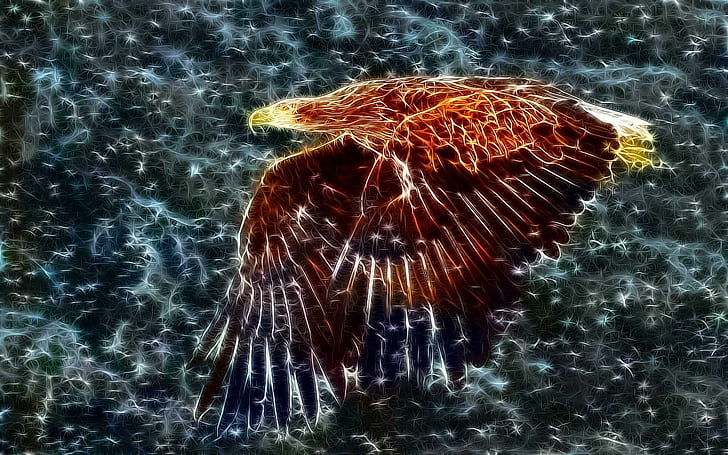 Glowing Eagle, birds, fractalius, eagle, glowing, pretty, flying, animals, HD wallpaper