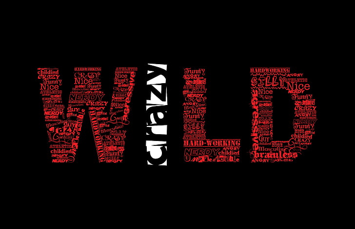 Texte WILD rouge et blanc, humour, citation, fond simple, noir, typographie, minimalisme, Fond d'écran HD